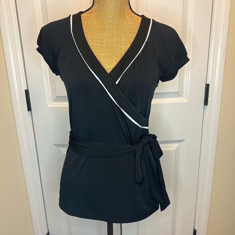 LOFT black ruffle sleeve crossover top with tie waist and white lining size S